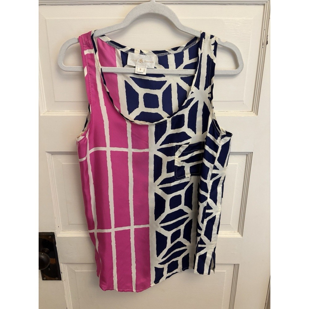 Julie Brown Women's 100% Silk Pink Navy Patterned Tank Pocket Size‎ 6
